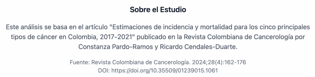Este análisis publicado en el blog de CLIP D Spa se basa en el artículo de la Revista Colombiana de Cancerología que tiene como base el estudio 'Estimaciones de Incidencia y Mortalidad para los Cinco Principales Tipos de Cáncer en Colombia, 2017-2021' publicado por la doctora Constanza Pardo Ramos y Ricardo Cendales Duarte